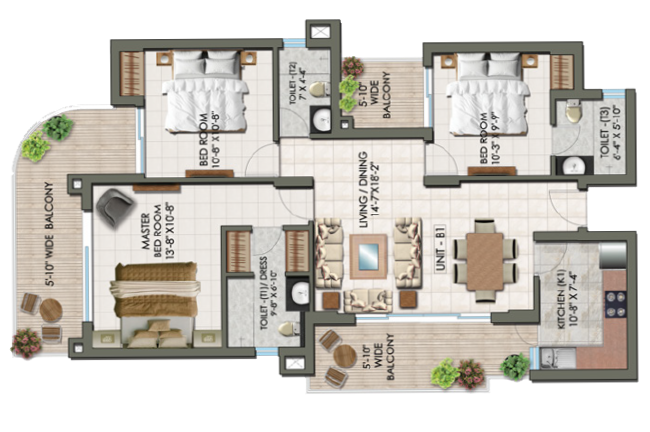 3BHK B1 Floor Plan